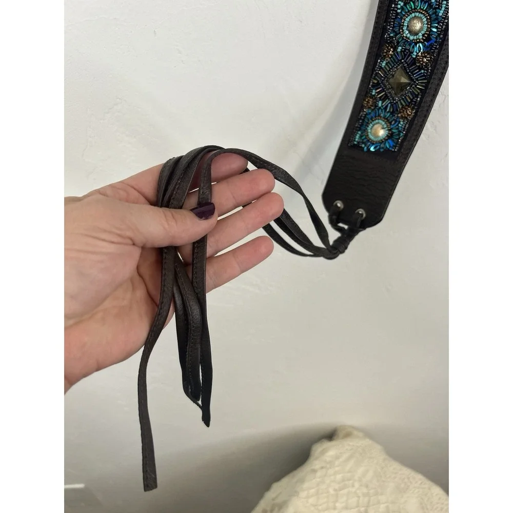 Beaded Faux Leather Embellished Fringe Tie Belt Southwestern Boho Festival OS